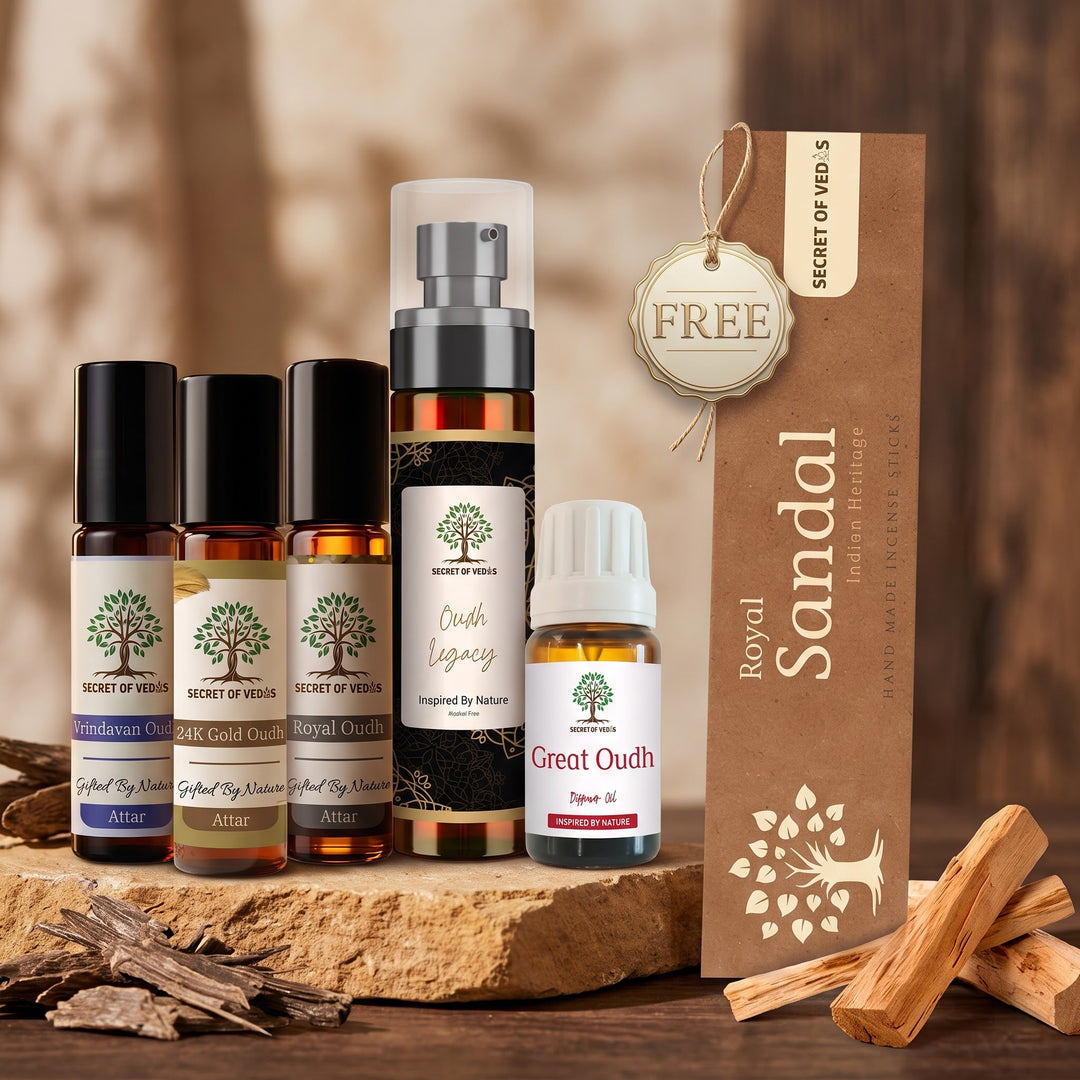 Royal Oudh Gift Set [Royal Oudh Attar, Golden Oudh Attar, Vrindaban Oudh Attar, Oudh Legacy Air Freshener, Great Oudh Diffuser Oil]