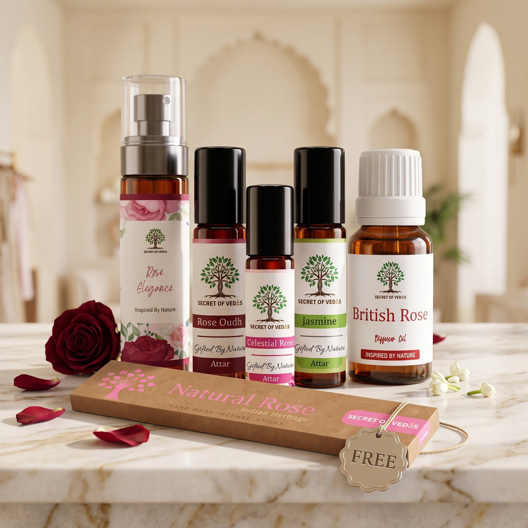 Floral Elegance Gift Set [Rose Oudh Attar, Jasmine Attar, Celestial Rose Attar, Rose Elegance Air Freshener, British Rose Diffuser Oil]