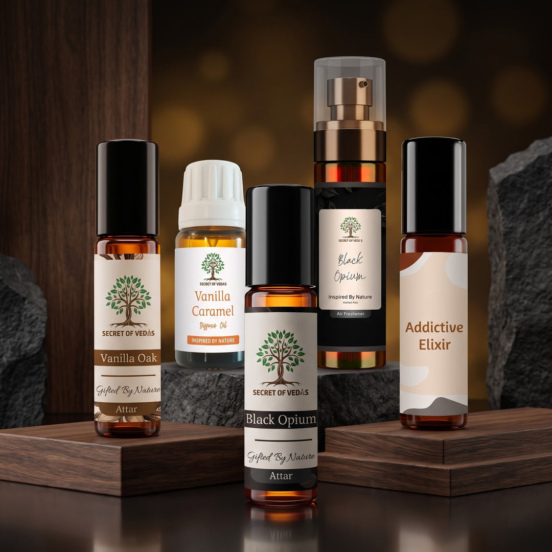 Golden Noir Gift Set [Black Opium Attar, Addictive Elixir Attar, Vanilla Oak Attar, Black Opium Air Freshener, Vanilla Caramel Diffuser Oil]