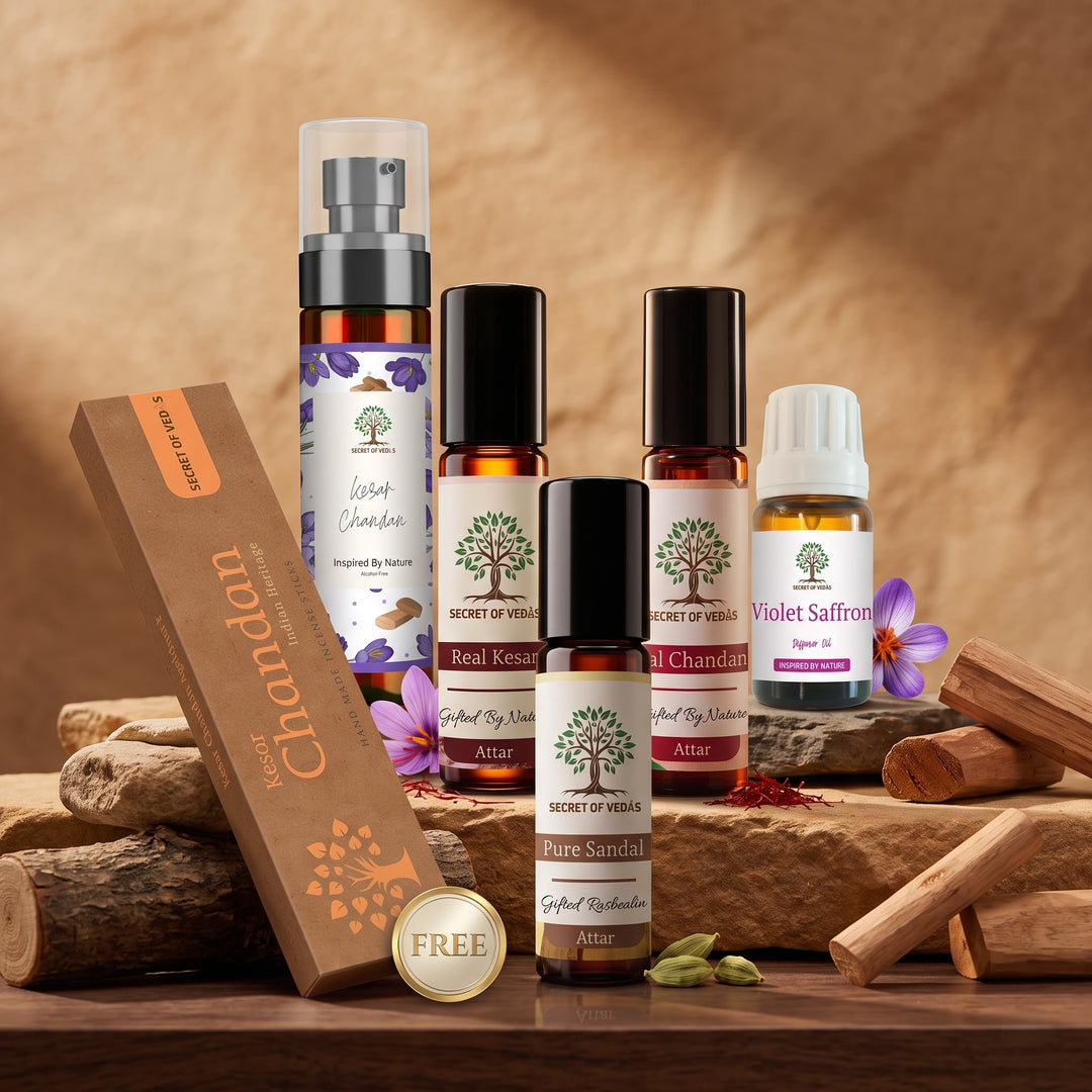 Sandal & Saffron Gift Set [Pure Sandal Attar, Real Kesar Attar, Lal Sandal Attar, Kesar Chandan Room Freshener, Violet Saffron Diffuser Oil]