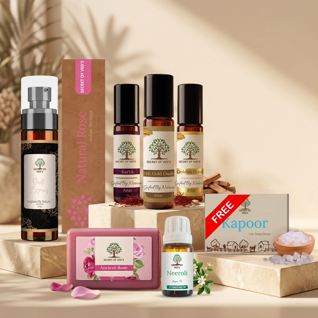 A Royal Ritual of Fragrance & Ambience [Kartik Attar, Golden Dust Attar, 24K Gold Oudh Attar, Oudh Legacy Room Freshener, Natural Rose Agarbatti, Neeroli Diffuser Oil, Ancient Rose Soap]