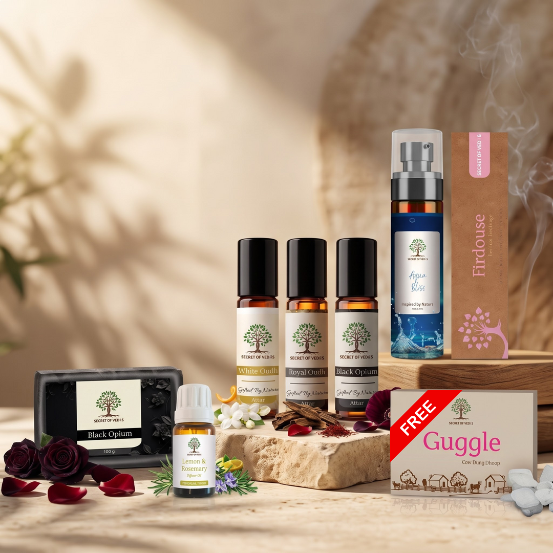 The Fragrance Ritual [White Oudh Attar, Black Opium Attar, Royal Oudh Attar, Black Opium, Soap Aqua Bliss Room Freshner, Firdouse Incense Stick, Lemon & Rosemary Diffuser Oil ]